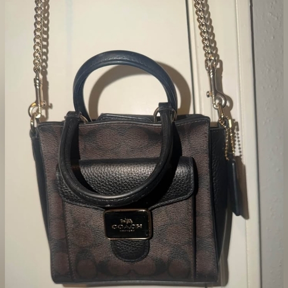 Coach Handbags - Coach Brown Signature Mini Satchel with Black Trim and Gold Hardware